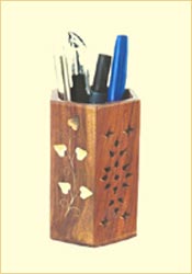 Wooden Pen Holder with Brass Inlay